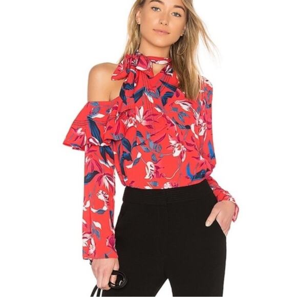 NWOT Tanya Taylor Jules One Shoulder Silk Blouse Papaya Red Floral 6 - Picture 1 of 9